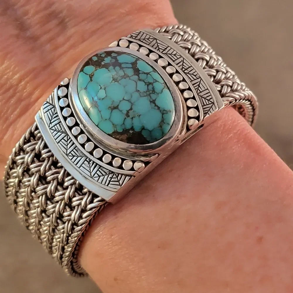 Sterling Heavy Turquoise Wide Woven Chain Toggle Bracelet